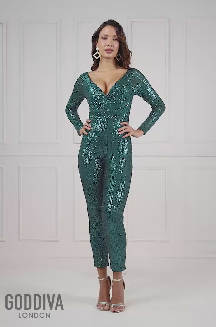 Stripe Sequin Jumpsuit - Emerald TR265