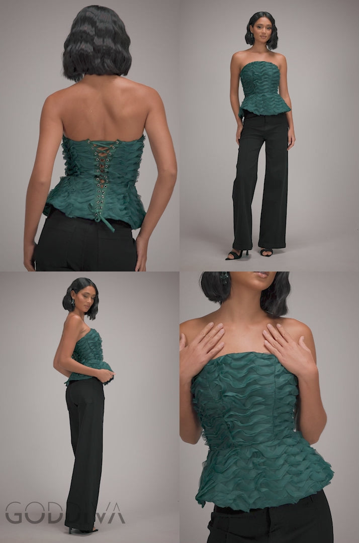 Peplum 3D Textured Boob Tube Lace Up Corset - Emerald Green T262