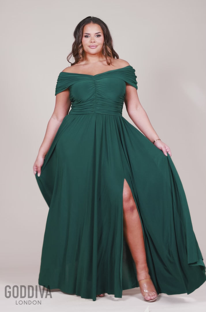 Gathered Bardot Bodice Front Split Maxi Dress - Botanical Green DR4524PLUS