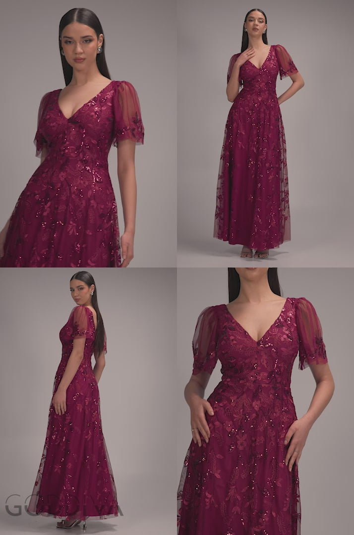 Flared Sleeve Embroidered Maxi Dress - Magenta DR3279A