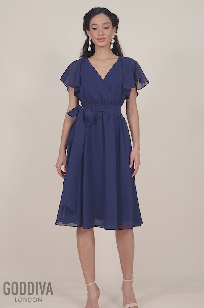 Sustainable Flutter Sleeve Chiffon Wrap Midi Dress - Navy DR2555BBS