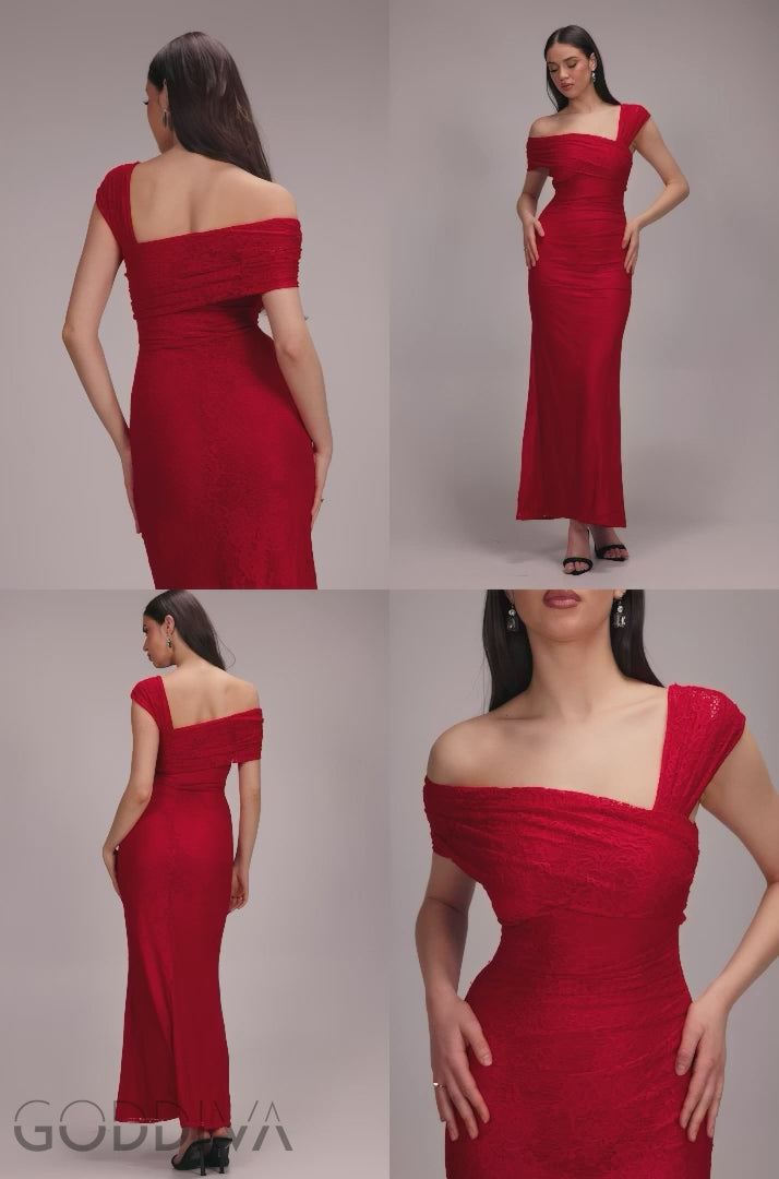 One Shoulder Pleated Bardot Lace Maxi Dress - Red DR4956