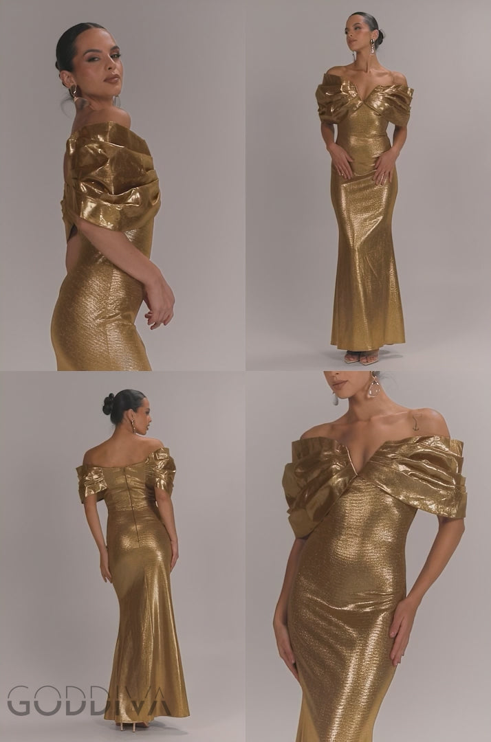 Plunge Neck Bardot Foil & Organza Maxi Dress - Gold DR5145