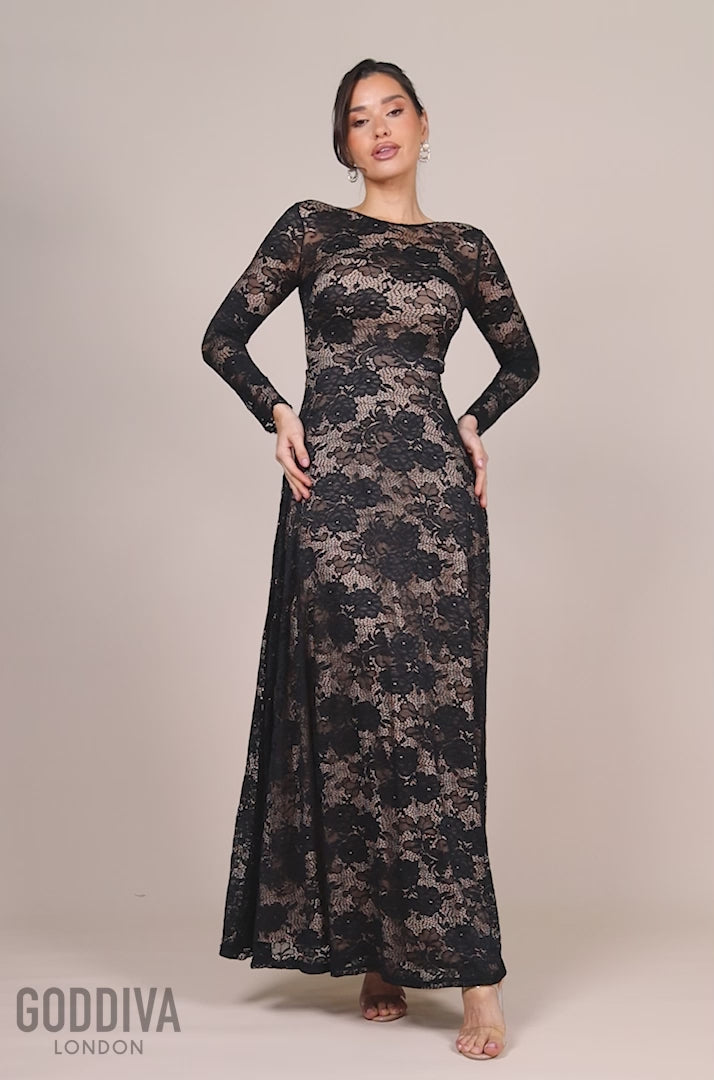 Scalloped Lace A-Line Maxi Dress - Black DR4496