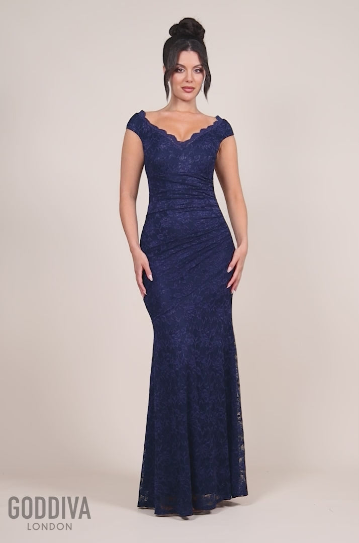 Off The Shoulder Scalloped Neck Maxi Dress - Navy DR4600