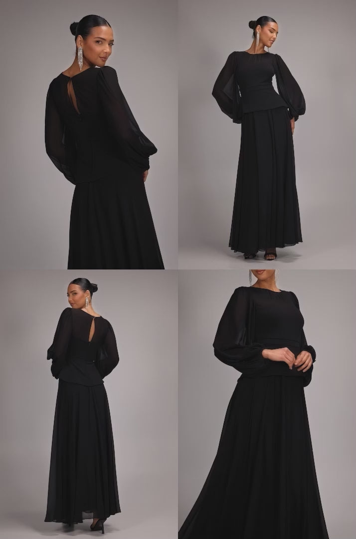 Bishop Sleeve Peplum Top Scuba Crepe And Chiffon Maxi Dress - Black DR4916