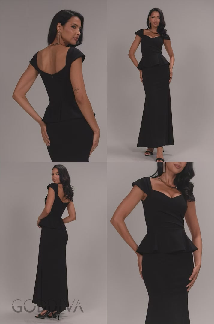 Cap Sleeve Sweetheart Peplum Scuba Maxi Dress - Black DR5302