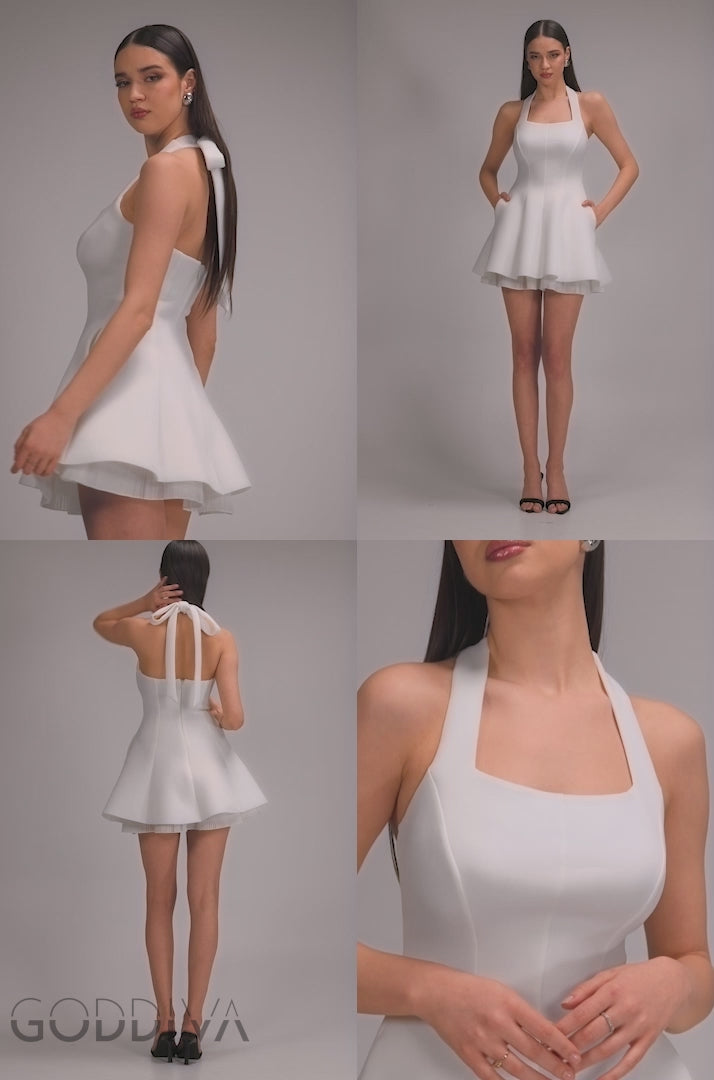 Organza Frill Bow Back Halter Mini Dress - Cream DR4744