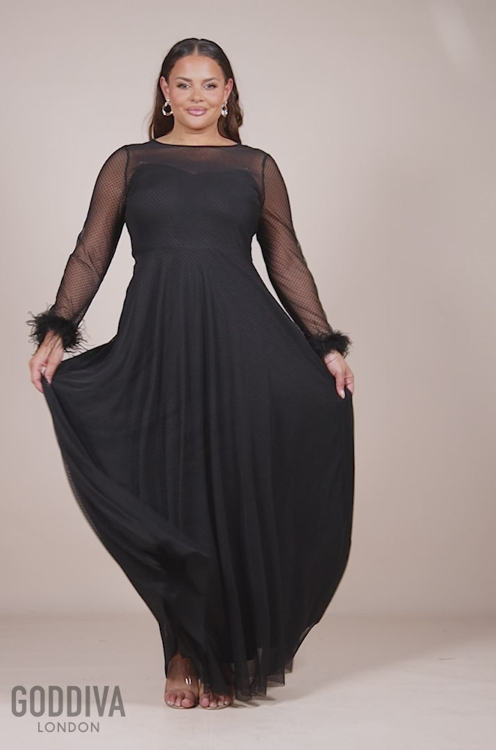 Dobby Mesh Feather Sleeve Hem Maxi Dress - Black DR4046PLUS