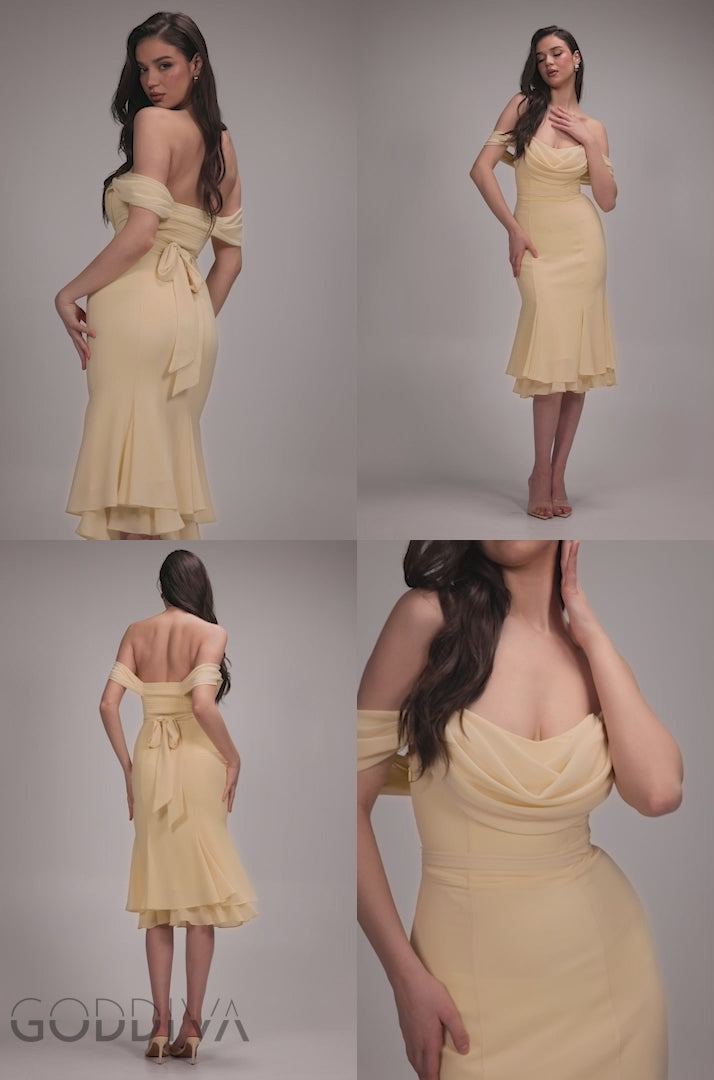 Chiffon Cowl Off Shoulder Wing Tiered Midi Dress - Butter Yellow DR4843