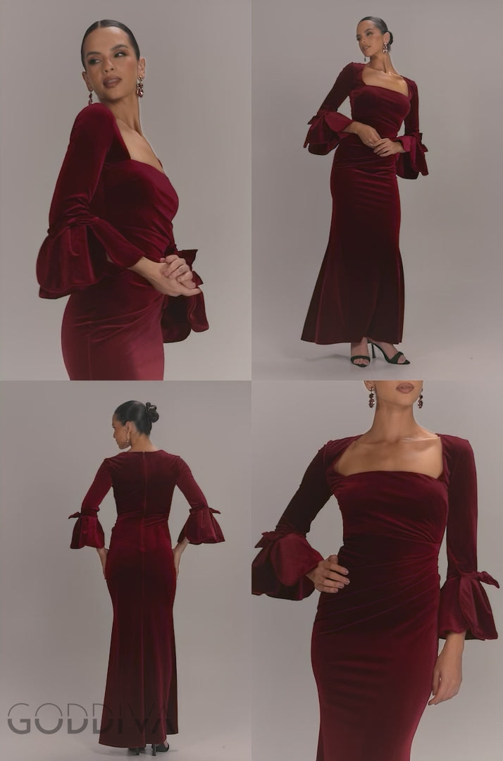 Petal Bow Sleeve Frill Velvet Maxi Dress - Wine DR5164