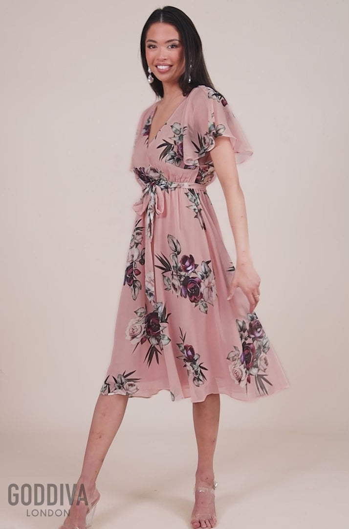 Floral Printed Flutter Sleeve Chiffon Midi Dress - Peach DR4515