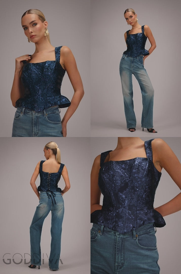 Sleeveless Jacquard Lace Up Back Corset - Navy Blue T265