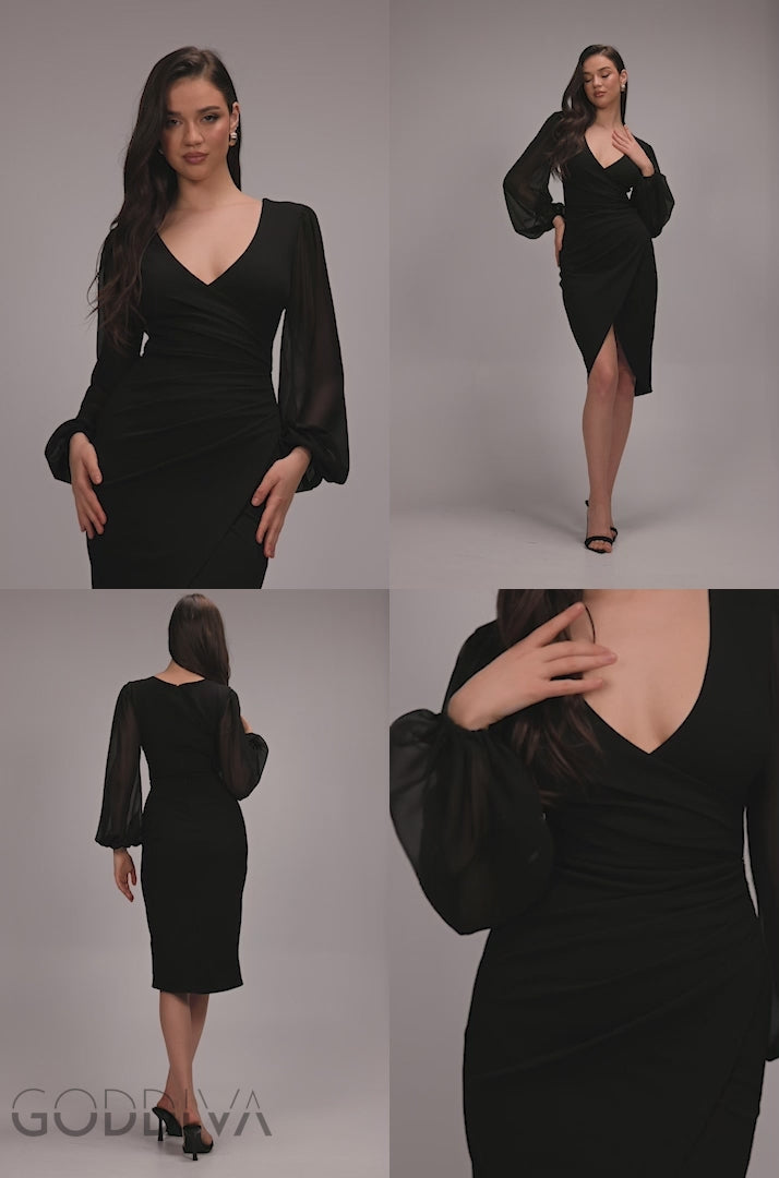 Scuba & Chiffon Balloon Sleeve Wrap Midi Dress - Black DR4933