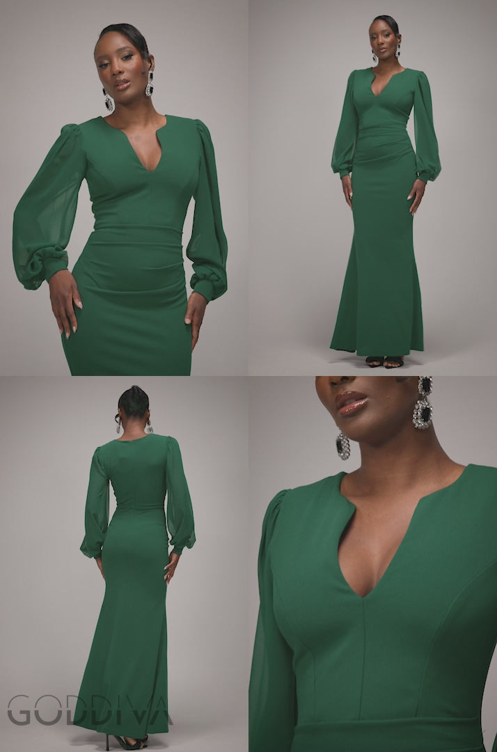 Chiffon Cuffed Balloon Sleeve Scuba Maxi Dress - Emerald Green DR4840