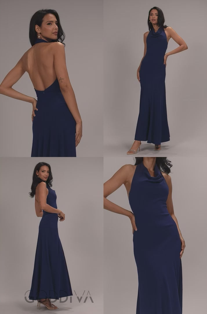 Halterneck Cowl Neck Backless Scuba Crepe Maxi Dress - Navy Blue DR5148