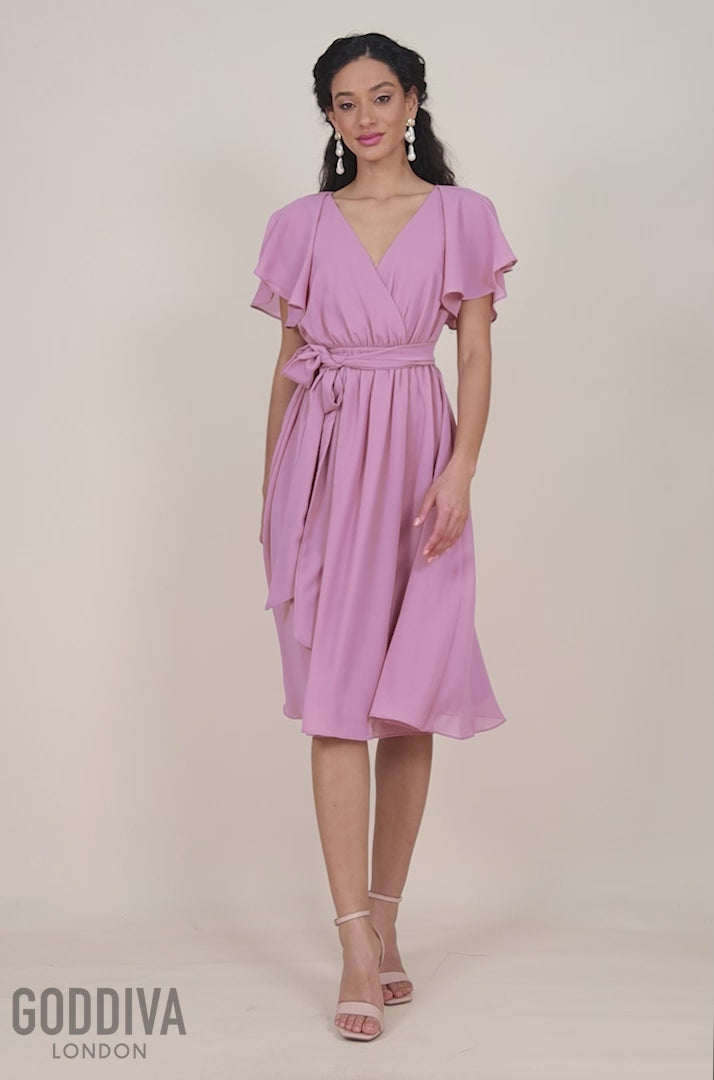 Sustainable Flutter Sleeve Chiffon Wrap Midi Dress - Lavender DR2555BBS