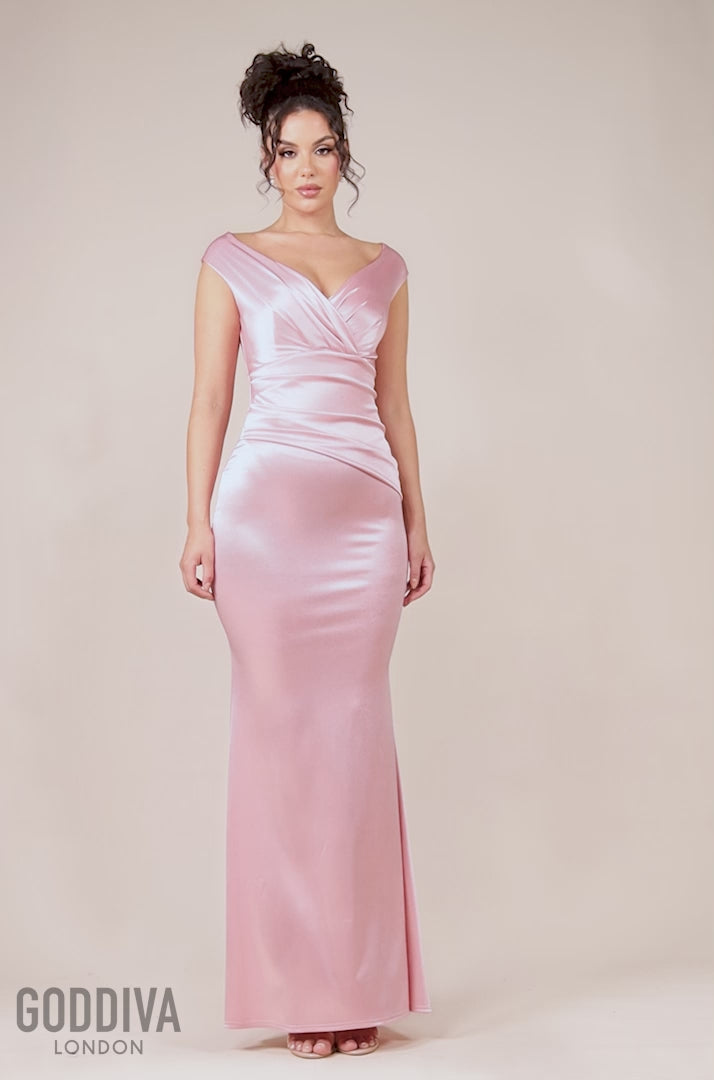 Satin Off The Shoulder Maxi Dress - Pink DR3580