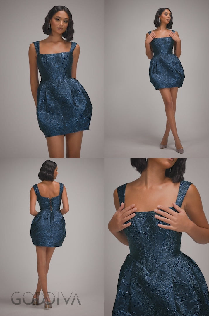 Corset Balloon Skirt Lace Up Back Mini Dress - Navy Blue DR4778