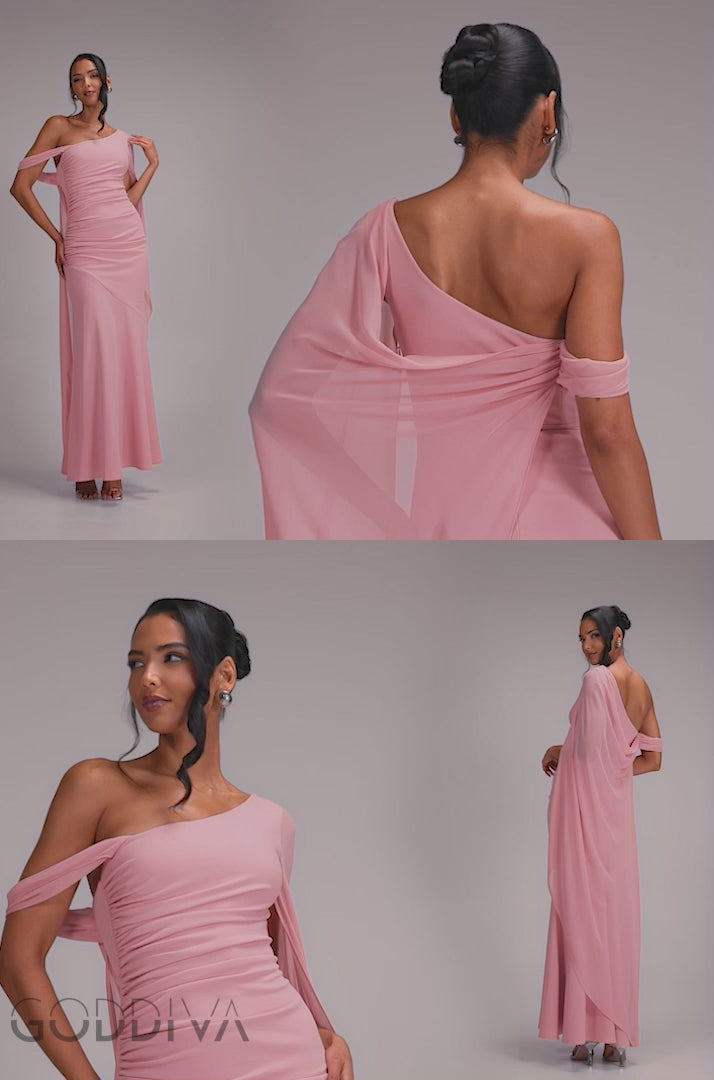 One Shoulder Cape Scuba & Chiffon Maxi Dress - Blush Pink DR4899