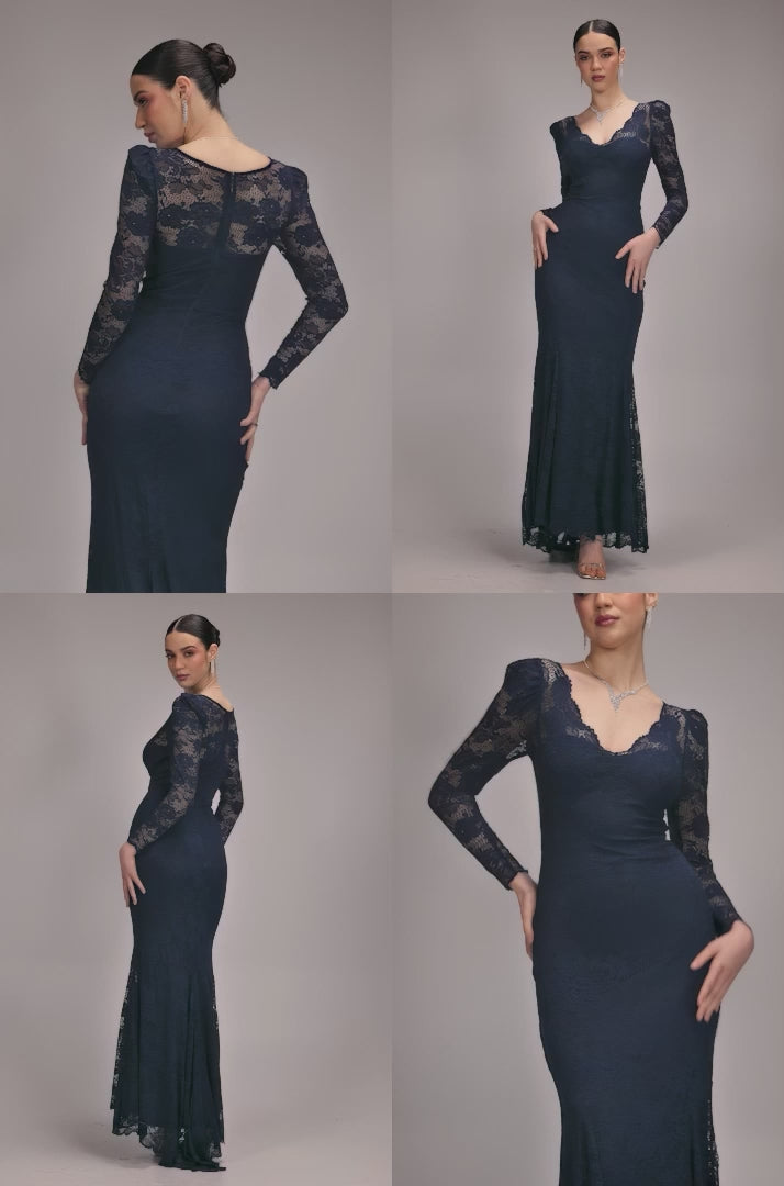 Fit & Flare Scallop Lace V Neck Maxi Dress - Navy Blue DR4994