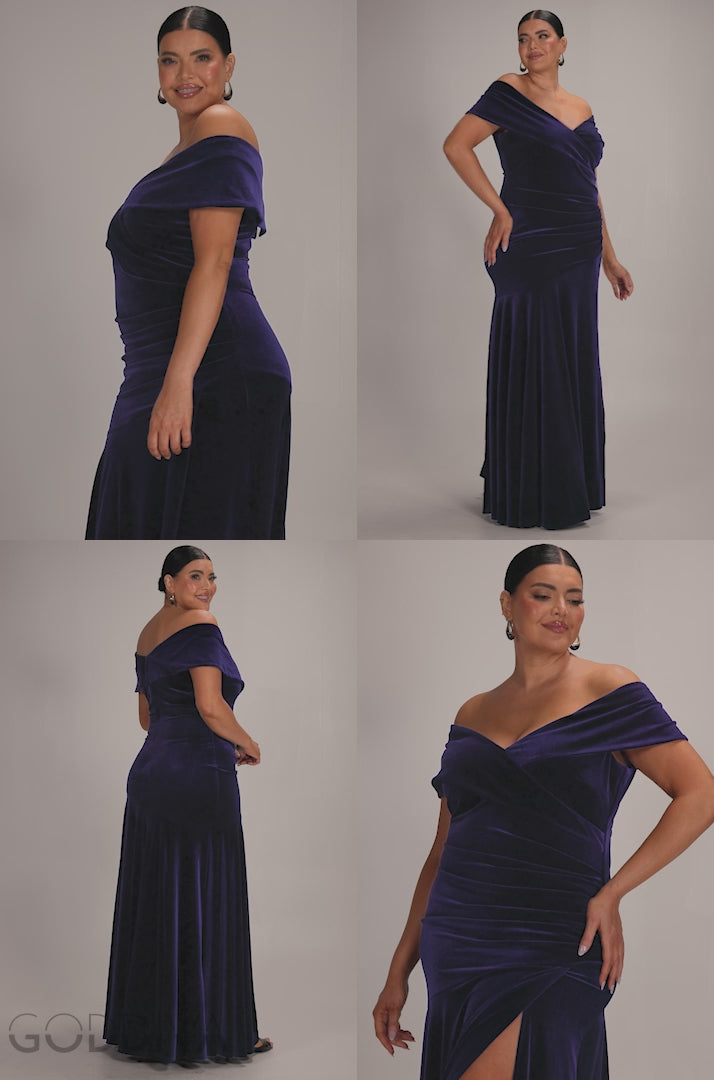 Plain Velvet Off Shoulder Pleated Maxi Dress - Indigo DR5187PLUS