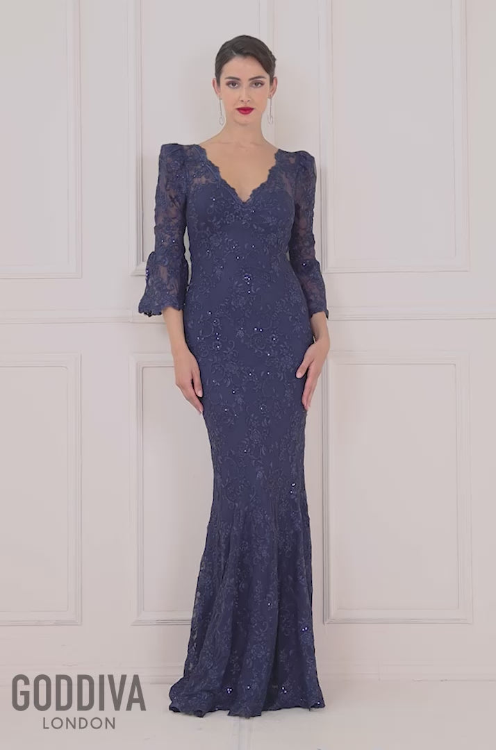 Scalloped Lace Maxi Dress - Navy DR3897