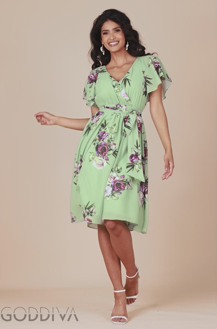Sustainable Floral Print Midi Wrap Dress With Flutter Sleeves - Duck Egg DR1641BBS