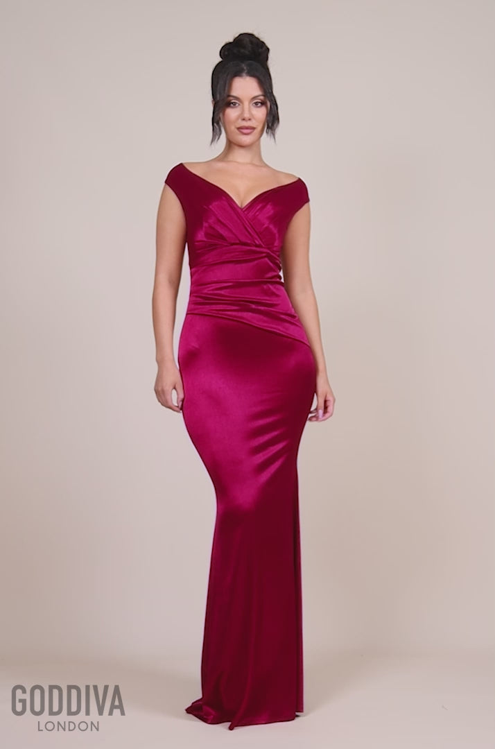 Satin Off The Shoulder Maxi Dress - Wine DR3580