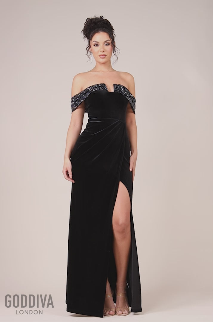 Off Shoulder Hotfix Diamante Wing Velvet Maxi Dress - Black DR4484