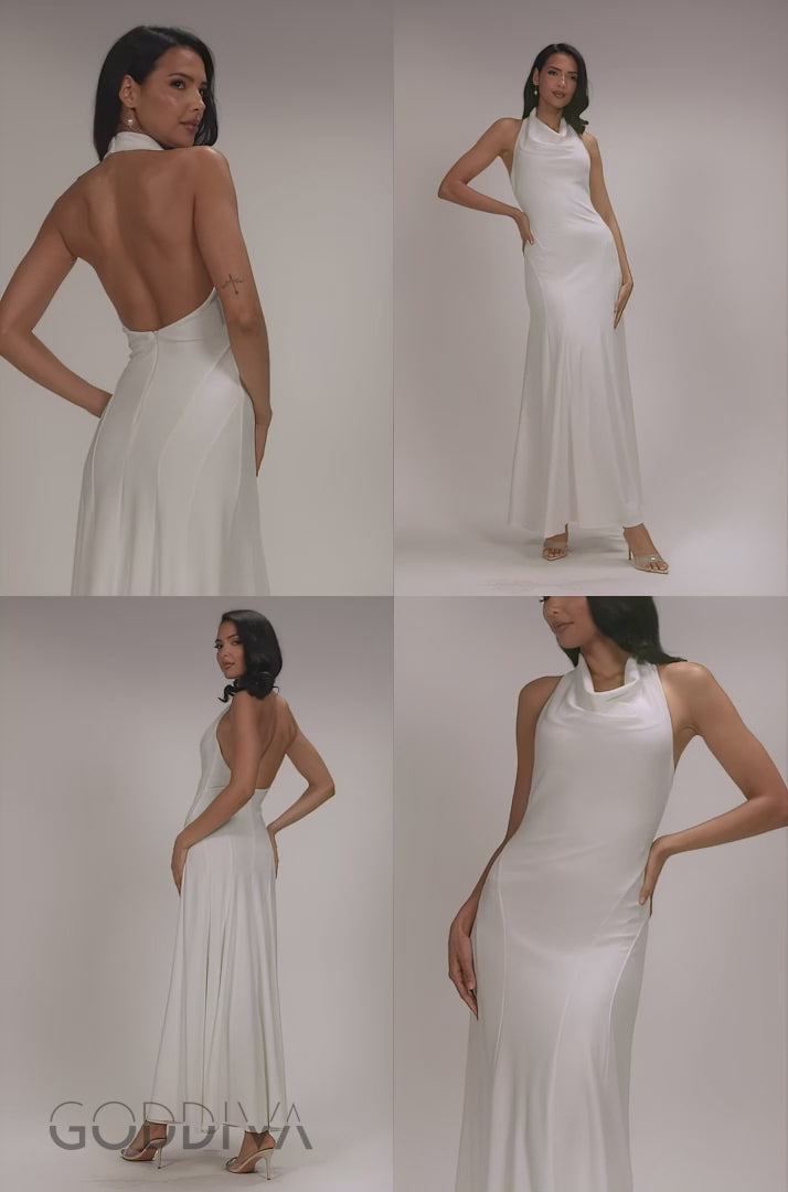 Halterneck Cowl Neck Backless Scuba Crepe Maxi Dress - White DR5148