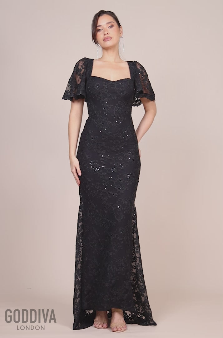 Scalloped Cape Open Back Lace & Sequin Maxi Dress - Black DR4252