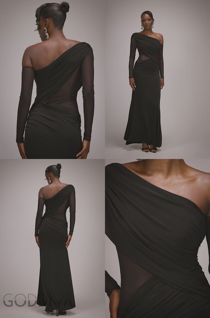 Gathered Cowl Asymmetric Mesh And Soft Touch Maxi Dress - Black DR4800
