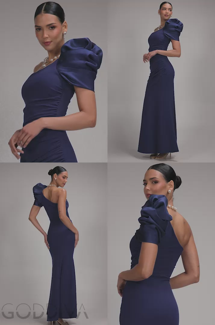 One Shoulder Puffed Satin Sleeve Evening Maxi Dress - Navy Blue DR4640
