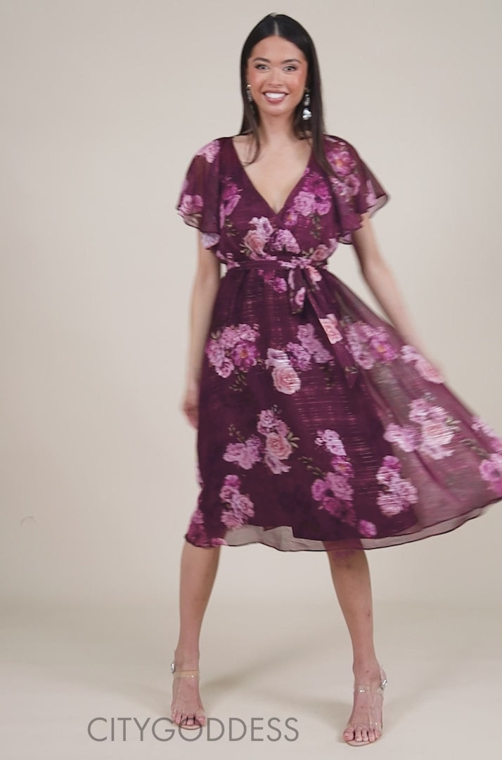 Printed Lurex A-Line Flutter Sleeve Midi Dress - Berry DR4516