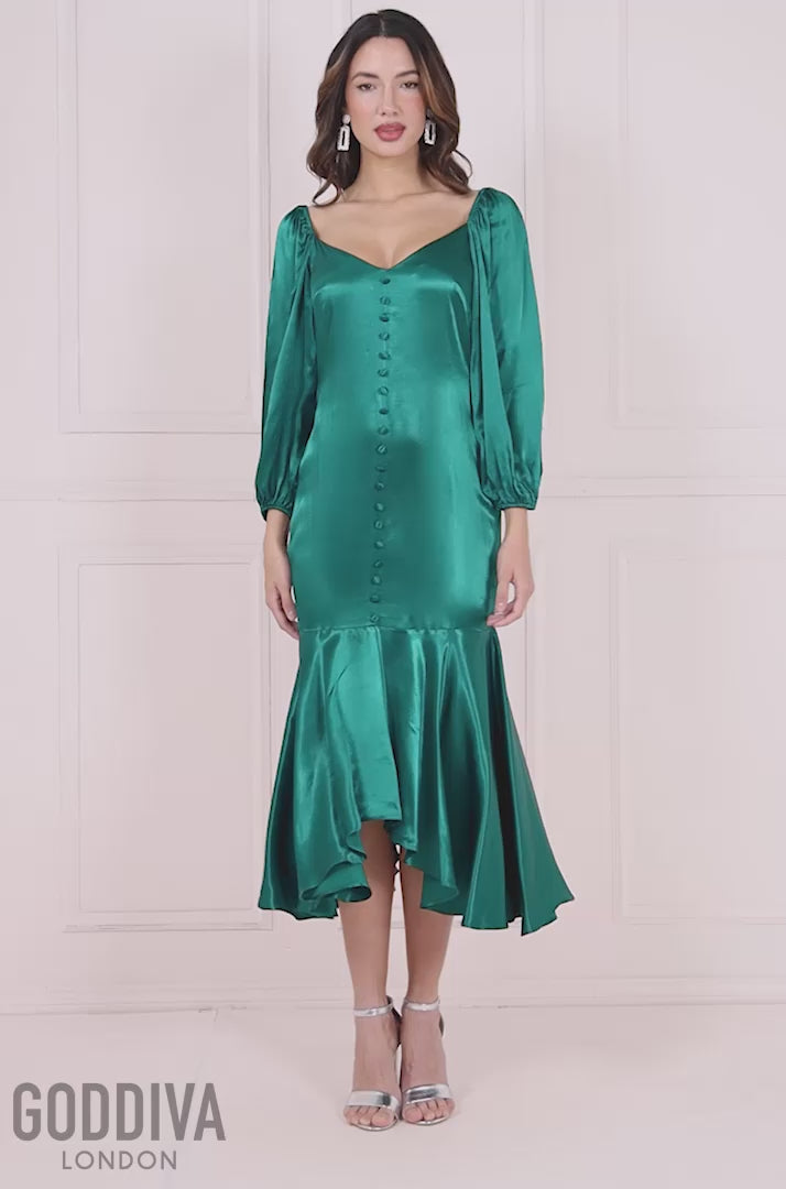 Satin Viscose Front Buttoned Dipped Hem  - Emerald DR3899