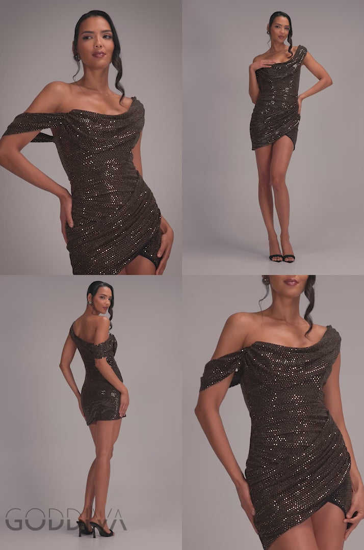 Cowl Neck Glitter Lurex Mini Dress - Rose Gold DR4741