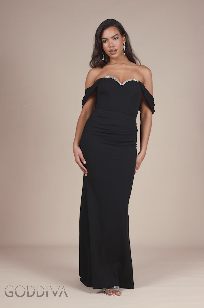 Off The Shoulder Draped Sleeve Maxi Dress With Diamante Neckline - Black DR4588