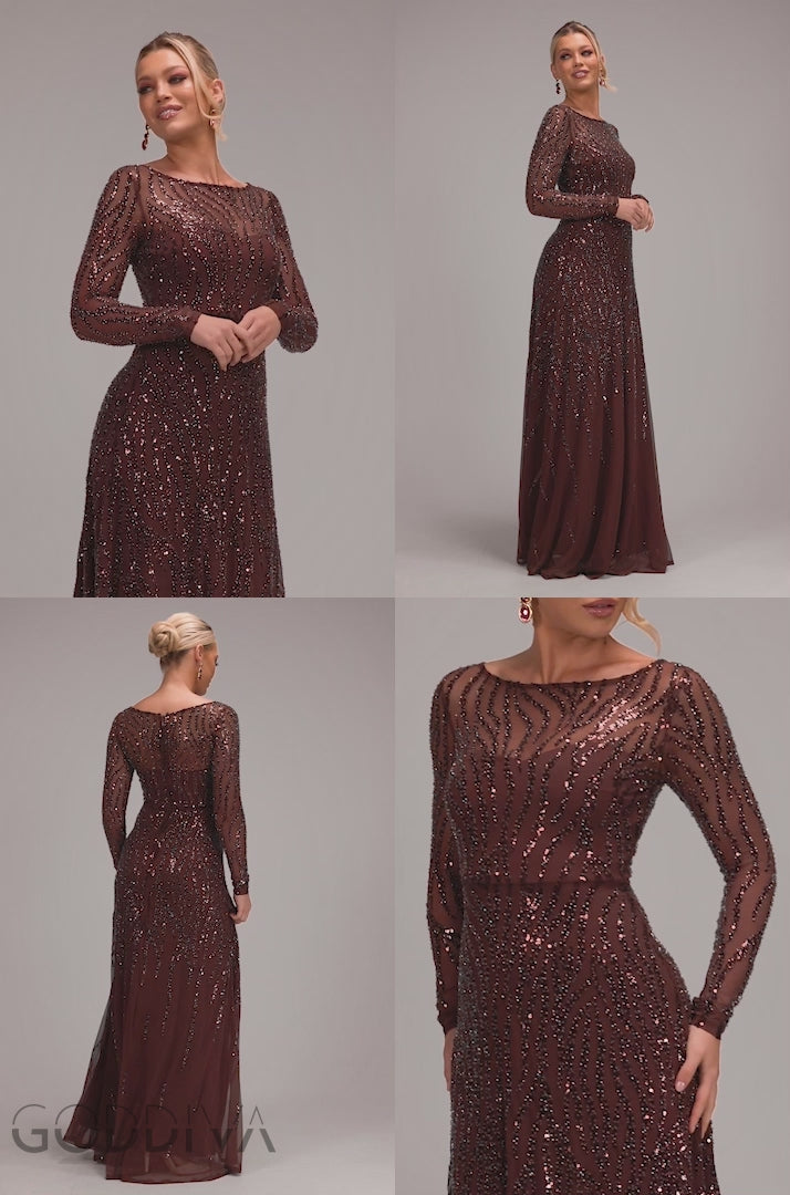 Ombre Sequin Beaded Flared Long Sleeve Maxi Dress - Brown DR4782