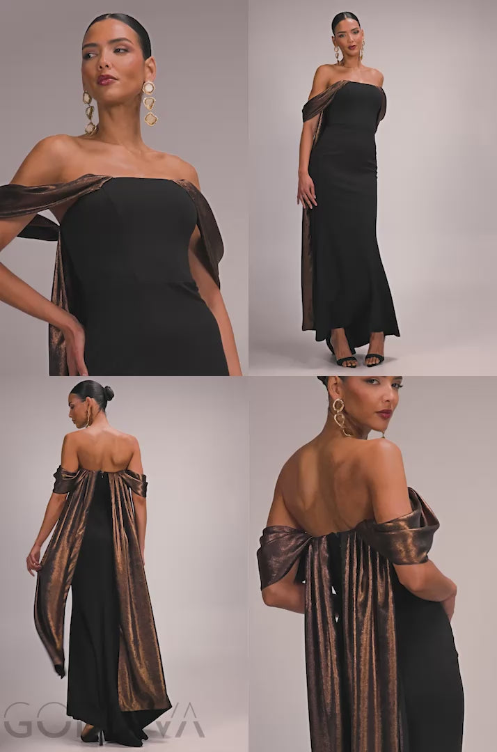 Off The Shoulder Mirror Foil Angel Wing Cape Maxi Dress - Black DR4980