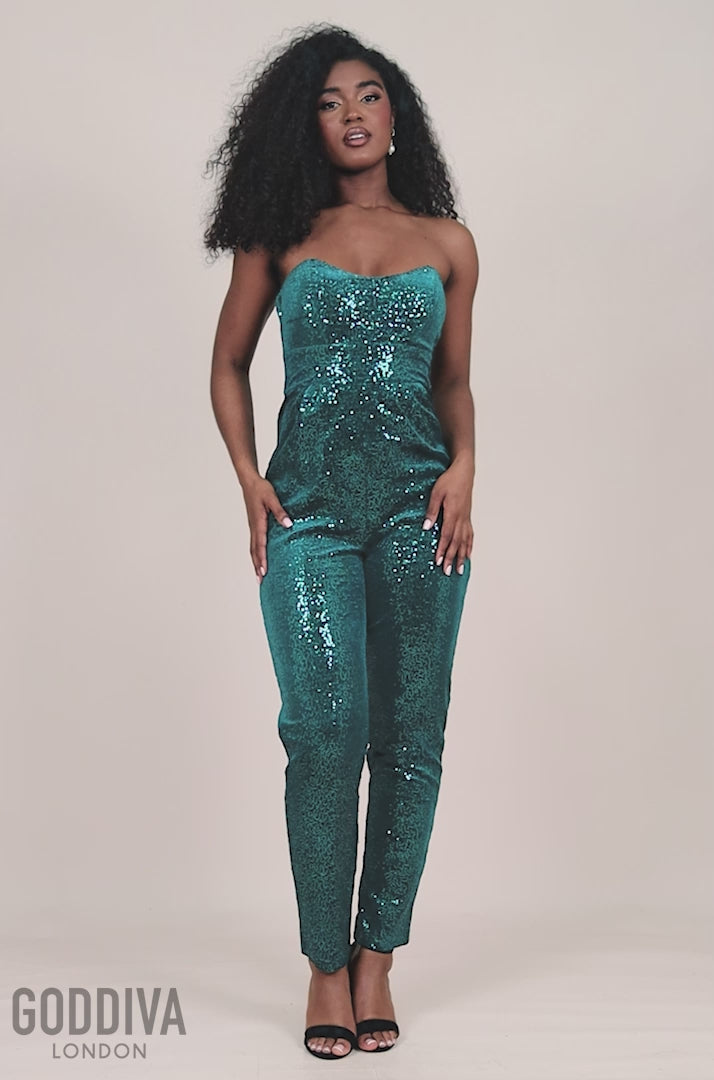 Sequin & Velvet Corset Jumpsuit - Emerald Green TR365