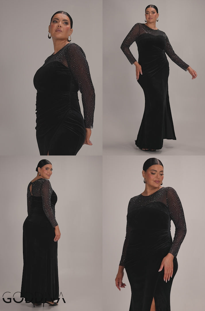 Diamante Sleeves Illusion Neck Front Wrap Velvet Maxi Dress - Black DR5221PLUS