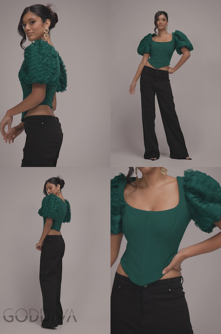 3D Textured Sleeve Scuba Corset Top - Emerald Green T235