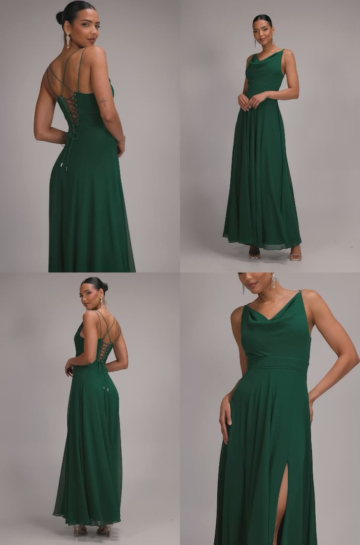 Chiffon Cowl Twisted Rope Strap Lace-up Flared Maxi Dress - Emerald Green DR4937