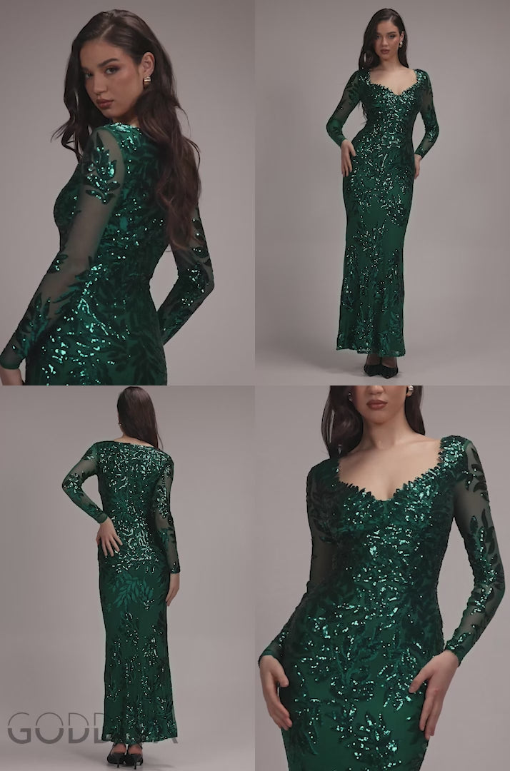 Sequin Leaf Long Sleeve Maxi Dress - Emerald Green DR4359
