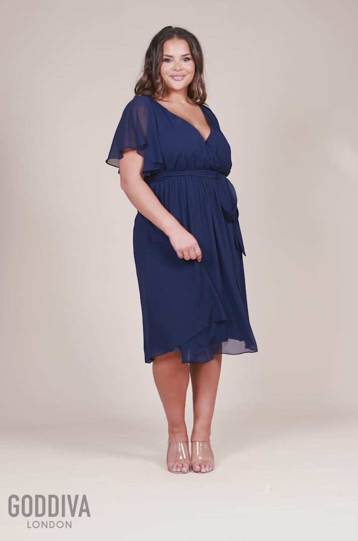 Flutter Sleeve Wrap Midi Dress - Navy Blue DR2555P