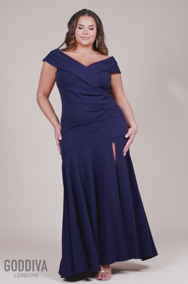 Scuba Crepe Off Shoulder Front Split Maxi Dress - Navy DR2930PLUS