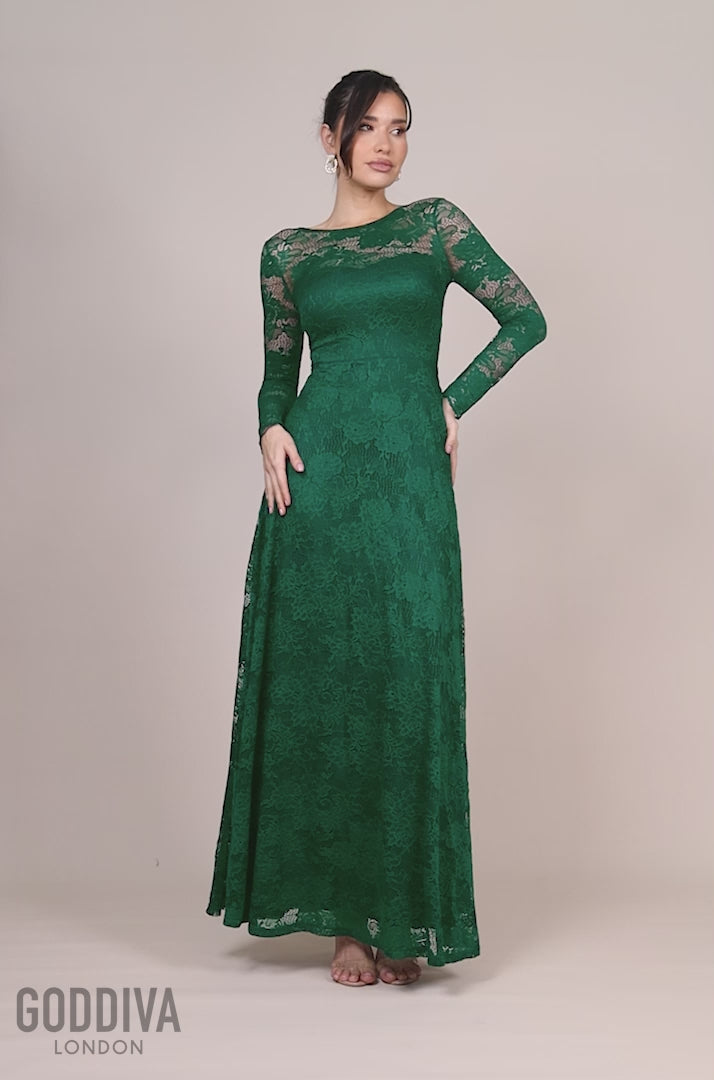 Scalloped Lace A-Line Maxi Dress - Emerald Green DR4496