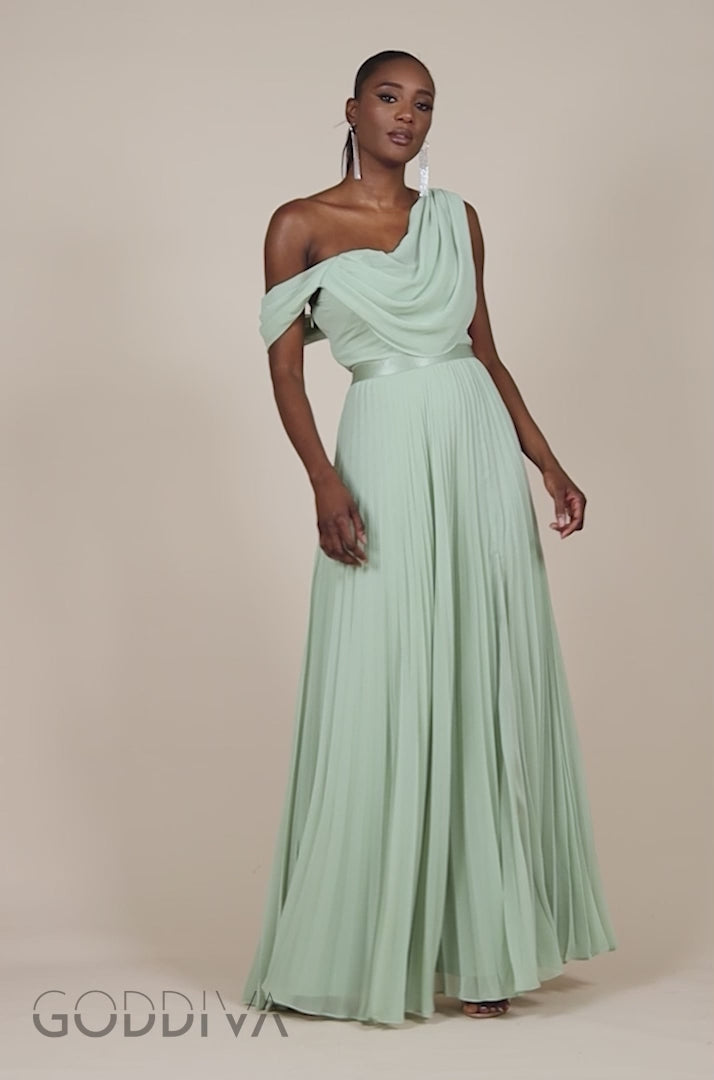 Cowl Neck One Shoulder A Line Chiffon Maxi Dress - Sage Green DR4506