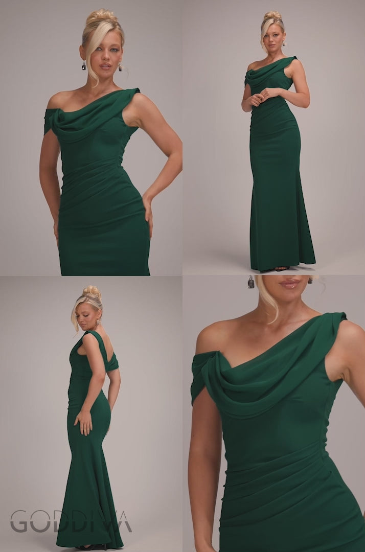 Asymmetric Chiffon Cowl Neck Scuba Maxi Dress - Emerald Green DR4137QZ